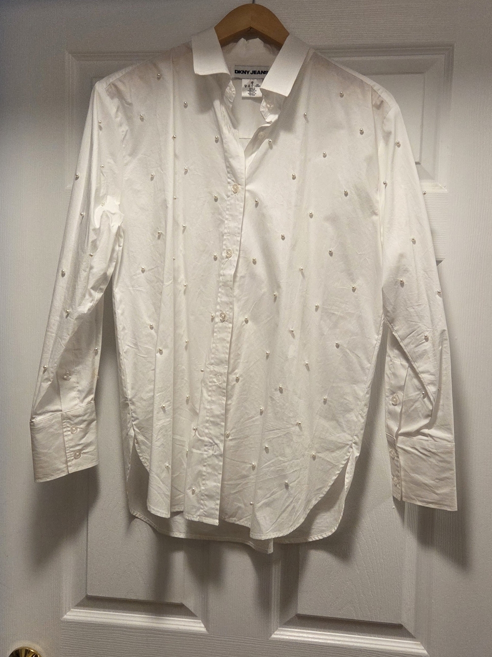 Dkny White Women's Long-Sleeve Button-Down Shirt with Beads. Worn Once